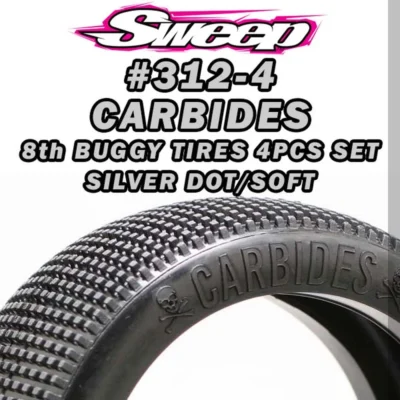 Sweep Racing Carbides Soft Compound Silver Dot 1/8th Buggy Tire Set Pre-Glued Yellow Dish Wheels 4pcs