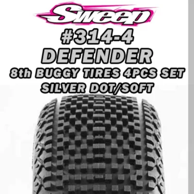 Sweep Racing Defender Soft Compound Silver Dot 1/8th Buggy Tire Set Pre-Glued Yellow Dish Wheels 4pcs