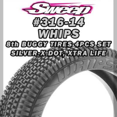 Sweep Racing WHIPS Soft Compound Silver-X Dot XTRA Life 1/8th Buggy Tire Set Pre-Glued Yellow Dish Wheels 4pcs