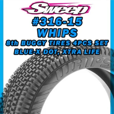 Sweep Racing WHIPS Medium Compound Blue-X Dot 1/8th Buggy Tire Set Pre-Glued Yellow Dish Wheels 4pcs