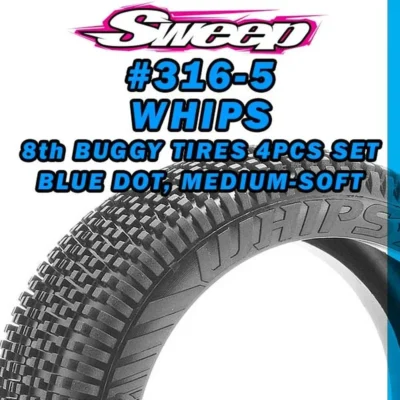 Sweep Racing WHIPS Medium Compound Blue Dot 1/8th Buggy Tire Set Pre-Glued Yellow Dish Wheels 4pcs