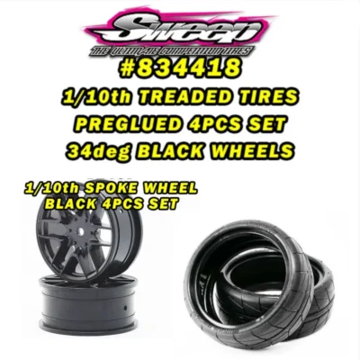 Sweep Racing 1/10 Treaded Belted Tires Pre-glued w/ Black Wheels (4pcs) (SWE-834418)