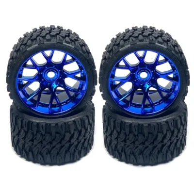 Sweep Racing Monster Truck Terrain Crusher Belted Tire Blue Chrome Wheel Preglued 4pc Set