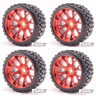 Sweep Racing Monster Truck Terrain Crusher Belted Tire Red Chrome Wheel Preglued 4pc Set